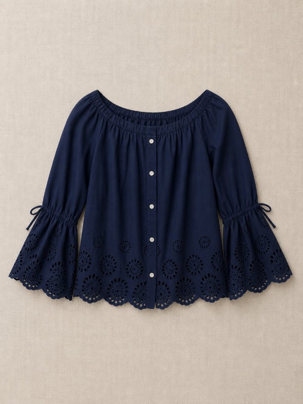 Isabella Sinclair Navy Eyelet Peasant Blouse Size M Boho Cottagecore Top